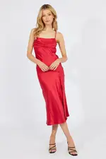 Red Satin Dress Cocktail Split Side Strappy - Size 16, Women's Midi Dress