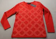 Tommy Hilfiger Logo Women Red Argyle Gold Studs 100% Cotton V-Neck Sweater NWT S