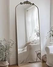 Arched Full Length Mirror, 64"x21" Floor Mirror Freestanding with Carved Metal Frame & Bottom Art Carved, Full Body Mirror for HomeDecor, Standing/Halling Large Wall Mirror for Bedroom, Bronze
