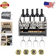 Space-Saving Rustic Wine Rack with LED and Cork Storage – 5 Bottles & 4 Glasses