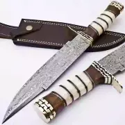 Custom Hammer Forged Damascus Steel Bowie Knife with Leather Sheath