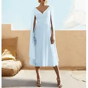 A-Line Cocktail Dresses Elegant Dress Semi Formal Tea Length Short Sleeve V Neck Fall Wedding Guest Chiffon with Shawl Derby Dresses 2025