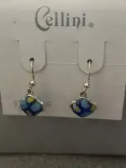 925 Sterling Silver Millefiori Murano Glass Faceted Earrings Vintage NOS #205