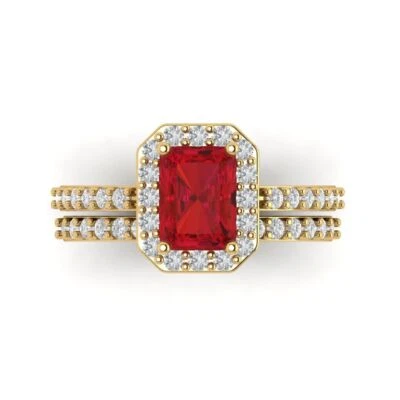 2.2 Emerald Round Cut Halo Tourmaline Statement Ring bridal Set 14k Yellow Gold