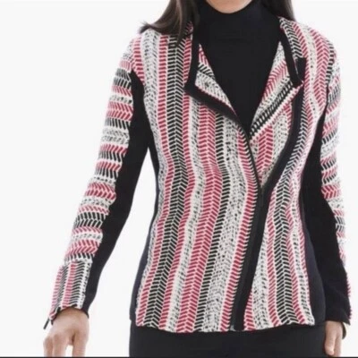 Chico’s Sweater Moto Jacket Size 1 Women’s Red White Black Pullover New