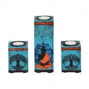Buddha Theme Wooden Tea Light Antique Decorative Candle Holders Blue Set Of 3