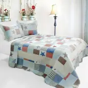 3 PC Wave Point of Stars squares plaids red blue 100% Cotton Queen Quilt Shams