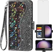 [Asuwish] Phone Case for Samsung Galaxy S23 5G Wallet Cover with Screen Protector and Wrist Strap Flip Credit Card Holder Bling Glitter Stand Cell S 23 23S GS23 G5 SM-S911U 6.1 inch Women Girls Black