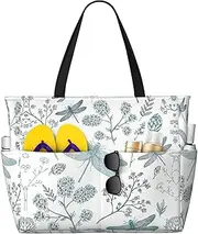 [Ghjkfbf] Dragonfly Flower Print Large Capacity Beach Travel Bag For Family, Beach Tote Bag For Women With Zipper Pockets, Black, One Size