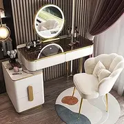 LGYWPA Dressing Table for Bedroom with Chair, Vanity Desk with Lighted Mirror and Lights, 3-Colour LED Lights, Makeup Desk with 3-4 Large Drawers, Glass Top Small Dressing Table,White,100cm