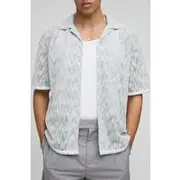 Mens Light Grey Oversized Dropped Revere Heavyweight Open Weave Shirt