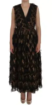 Dolce&Gabbana Women Brown Dress Silk Lace Fringes Zip Maxi A-Line V-Neck Gown