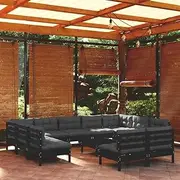 12 Piece Garden Lounge Set with Cushions Black Solid Pinewood, Conversation Sets