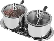 ZLHETWT Stainless Steel Sugar Bowl Set, Round Condiment Pots Polished Shiny Sugar Container for Salt Candy with Glass Lid Spoon and Tray Rustproof Seasoning Box (silver)