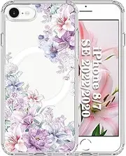 Tcaraersing Magnetic Clear Flower Case for iPhone SE 3/2 (2022/2020), iPhone 8/7, 4.7-Inch, Compatible with MagSafe, Floral Pattern Transparent Shockproof Slim Cover for Teens Girls - Hydrangea