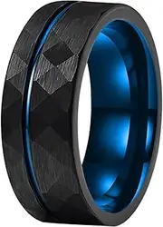 [Wozya] 8mm Offset Line Two-tone Plated Hammered Tungsten Ring for Men Women Engagement Wedding Band Comfortable Fit