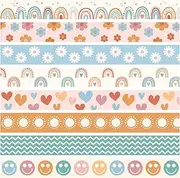 86Ft Boho Bulletin Board Borders Retro Groovy Classroom Decor Boho Rainbow Border Trim Strips Groovy Hippie Smile Face Bulletin Board Stickers for School Chalkboard Classroom Door Decorations