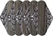 5 Pieces Charcoal Bamboo Mama Cloth/Menstrual Pads/Reusable Sanitary Pads (Black lace, Overnight (14 inch))