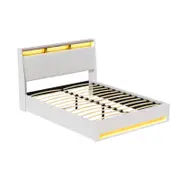 Artiss Bed Frame Gas Lift LED Beds Base Platform White PVC Leather Storage Headboard - Double