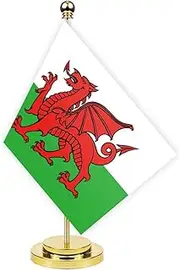 Welsh Desk Flag,12 inch Tall Small Wales Indoor Banner,Tiny Printing Decor For Office Home Table Meeting With Golden Metal Pole Base