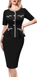[VFSHOW] Womens Buttons Peplum Work Business Office Professional Patchwork Pencil Sheath Dress