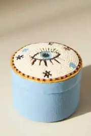 Anthropologie FORTUNE BEADED LIDDED JEWELERY BOX Blue Evil Eye Stash Secrets NEW