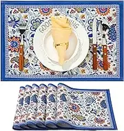 Cunhill Dining Table Placemats Set of 6 Cotton Linen Cloth Non Slip Mats Washable Vintage Blue Floral Placemats for Holiday Banquet Kitchen Dinner Table Party Decorations, 18.9 x 13 Inch