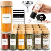 24 Piece Round Glass Spice Jars with Bamboo Lids & Customizable Labels