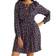 Boden Metallic Frill Detail Dress Navy Berry sprig ruffle a line flirty 10