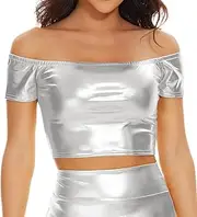 [Gatielzana] Women's Shiny Metallic Crop Tops Off Shoulder Tube Bra for Raves, Festivals, Costumes