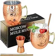 Moscow Mule Copper Mugs Set of 2 Moscow Mule Cups Stainless Steel Copper Plated Mug 18 Oz Food Safe Hammered Cups Great for Cocktails Water Cold Drinks