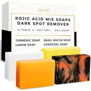 Kojic Acid Soap Bars - Assorted Turmeric, Snail Mucin, Charcoal, Lemon - 4 Pack