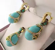 SALE ! SUPERB ENAMEL EGG PENDANT & EARRINGS SET STERLING 925 GENUINE TURQUOISE