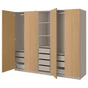 PAX / STORKLINTA wardrobe combination, grey-beige/oak effect, 250x58x201 cm