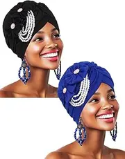[Woeoe] Pearl Flower Turban Black Pre-Tied African Head Wraps Church African Hats for Women and Girls, Black,blue, One Size