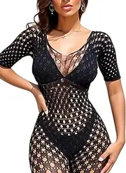 [Tender Whisper] Women's Breathable Bodysuit Shapewear Lace Mesh Lingerie Fishnet Half-Sleeves Crotchless Bodystocking Club Night Out
