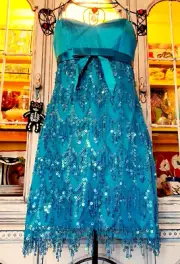 Betsey Johnson Evening Vintage Women's Dress Blue Mesh Tiered Fringe Sequin S 4