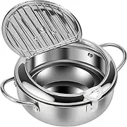 Deep Fryer Pot 3 Sizes Oil Mini Fryer Dishwasher Stainless Steel Deep Frying Pot with Thermometer Lid and Oil Drip Drainer Rack with Handle for Kitchen French Fries Chicken (21 cm)