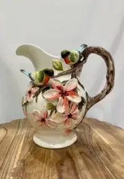 Corner Ruby Botanical Collection Large Vase Water Pitcher 3D Flowers Birds NWT