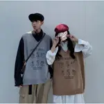 2色【M-XXL】無袖背心 原宿風 秋冬款 韓版 刺繡圖案 V領 外穿馬甲 寬鬆套頭 情侶款 學院風 毛衣背心 針織背心