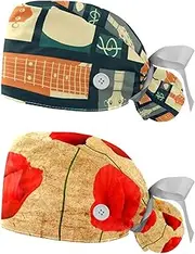 [WOSHJIUK] Working Hat 2 Pack Scrub Caps for Women,Vintage Guitar Music,Tie Back Cap Adjustable Scrub Hat