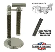Handmade Double Edged Razor & Stand In 1/2" Genuine Rebar and Chrome / #DE-12