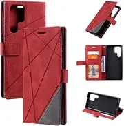 Design Piece of Leather-Like Wallet Phone Case for Samsung Galaxy S22 Ultra with Card Slots, Cash Pocket, Kickstand and Magnetic Lock (Red)