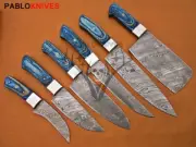 Set Of 6 Custom Handmade Damascus Steel Chef Knife” Blue Wood Handle/COVER