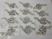 Lot of 12 Silver Floral & Leaves Beaded Sequined Sew-On Applique Craft Vintage