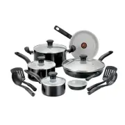 Tefal Initiatives Ceramic 14 Piece Non-Stick Cookware Set & Utensils Black NEW