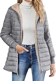 [OULIWANGLUO] Women's Zip Up Fleece Lined Hooded Quilted Jackets Lightweight Long Puffer Jacket with Pockets Casual Long Sleeve Outerwear