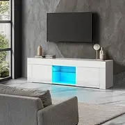 Oikiture TV Unit Entertainment 130cm LED RGB Light,with Drawers and High Gloss Finsh White