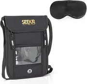 [SEEKR TRAVEL] Passport Holder Travel Wallet - Bonus Travel Eye Mask - RFID Blocking with Neck Strap - Store Cards, Phone, Cash, Tickets and Travel Accessories - Water Resistant - Unisex (Black)