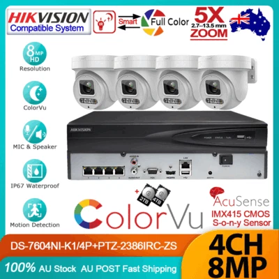 Hikvision 4CH 8MP Security IP Camera System Kit Dual Light 5XZOOM PTZ 2way Audi